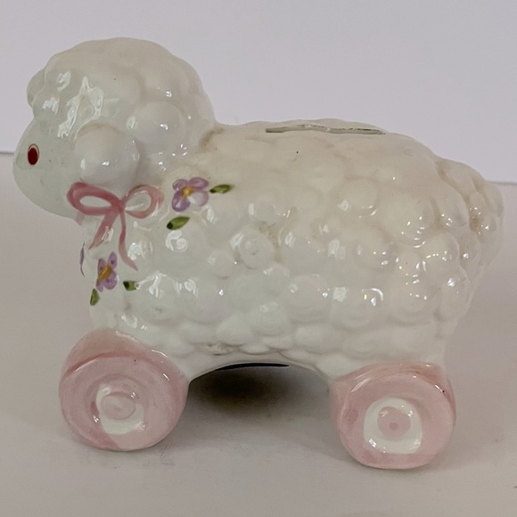 Lamb With Pink Ribbons and Flowers Piggy Bank - Picture 3 of 5